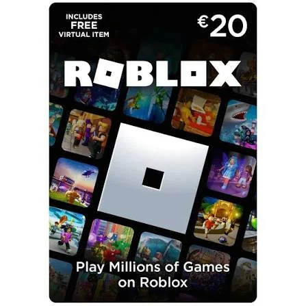 Black Roblox gift card packaging showing a €20 printed value