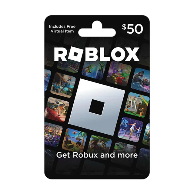 Roblox physical gift card packaging with a printed $50 denomination