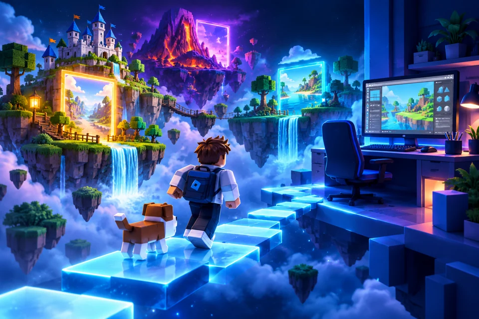 Concept illustration of a block-built floating world and a creative workstation