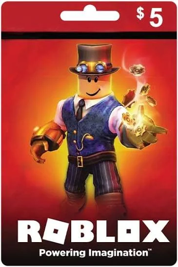Red Roblox gift card packaging with a character and a $5 printed value