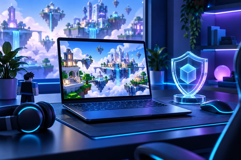Concept illustration of a gaming laptop and luminous account-safety shield