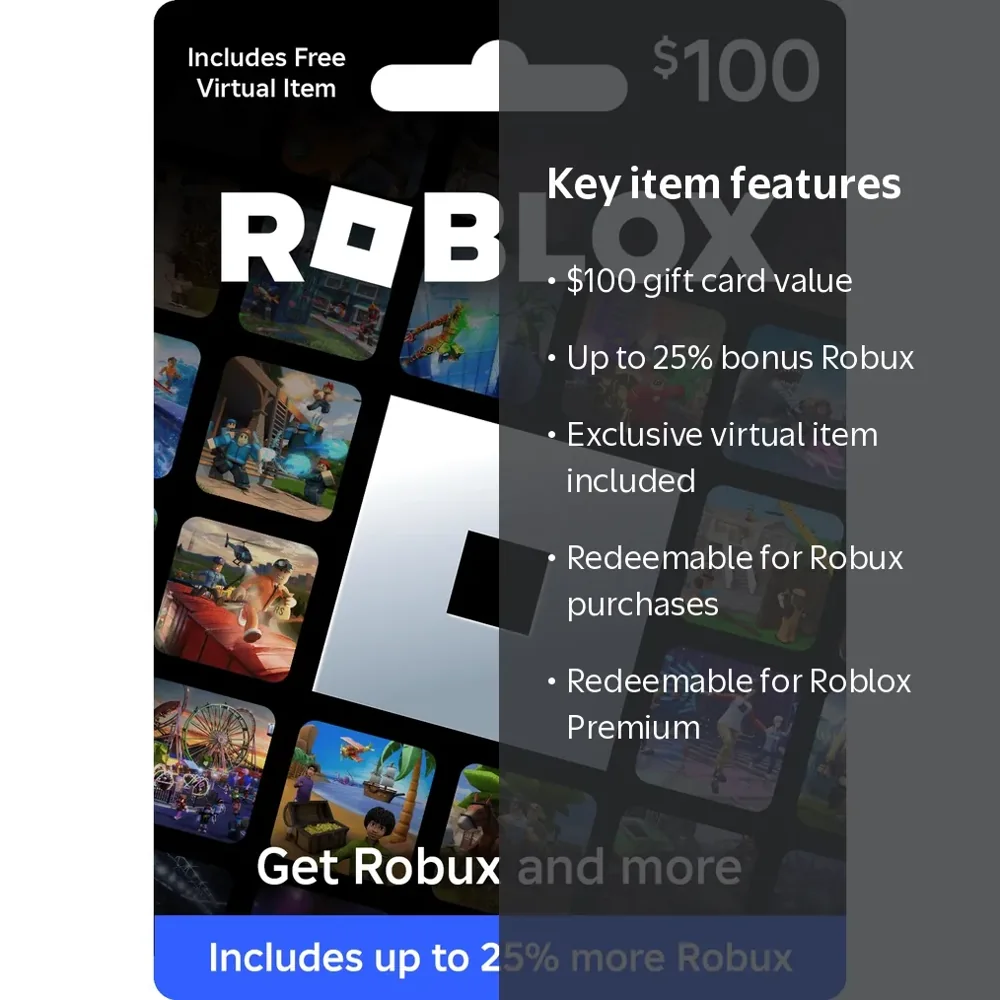Third-party $100 Roblox card reference artwork with a feature summary; the claims are not a verified current offer