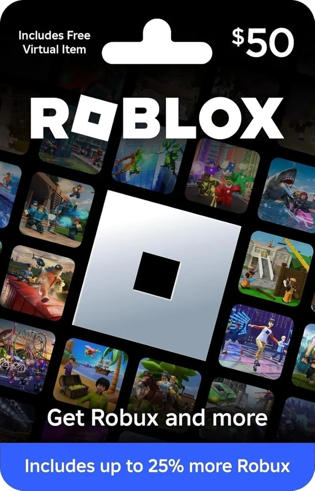 Roblox $50 card reference packaging displaying an up-to-25-percent bonus message