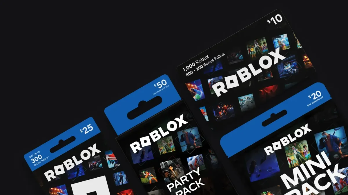 Reference collection of Roblox gift cards, a Party Pack, and a Mini Pack with printed promotional text