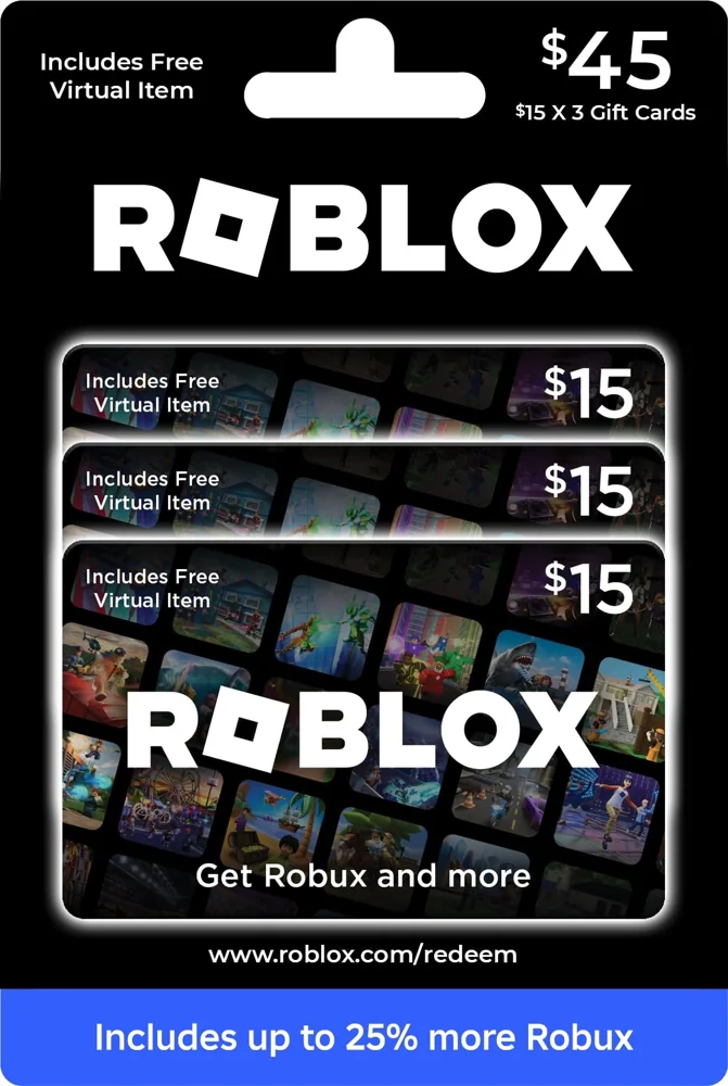Roblox reference packaging marked $45 with three $15 gift cards and a printed bonus message