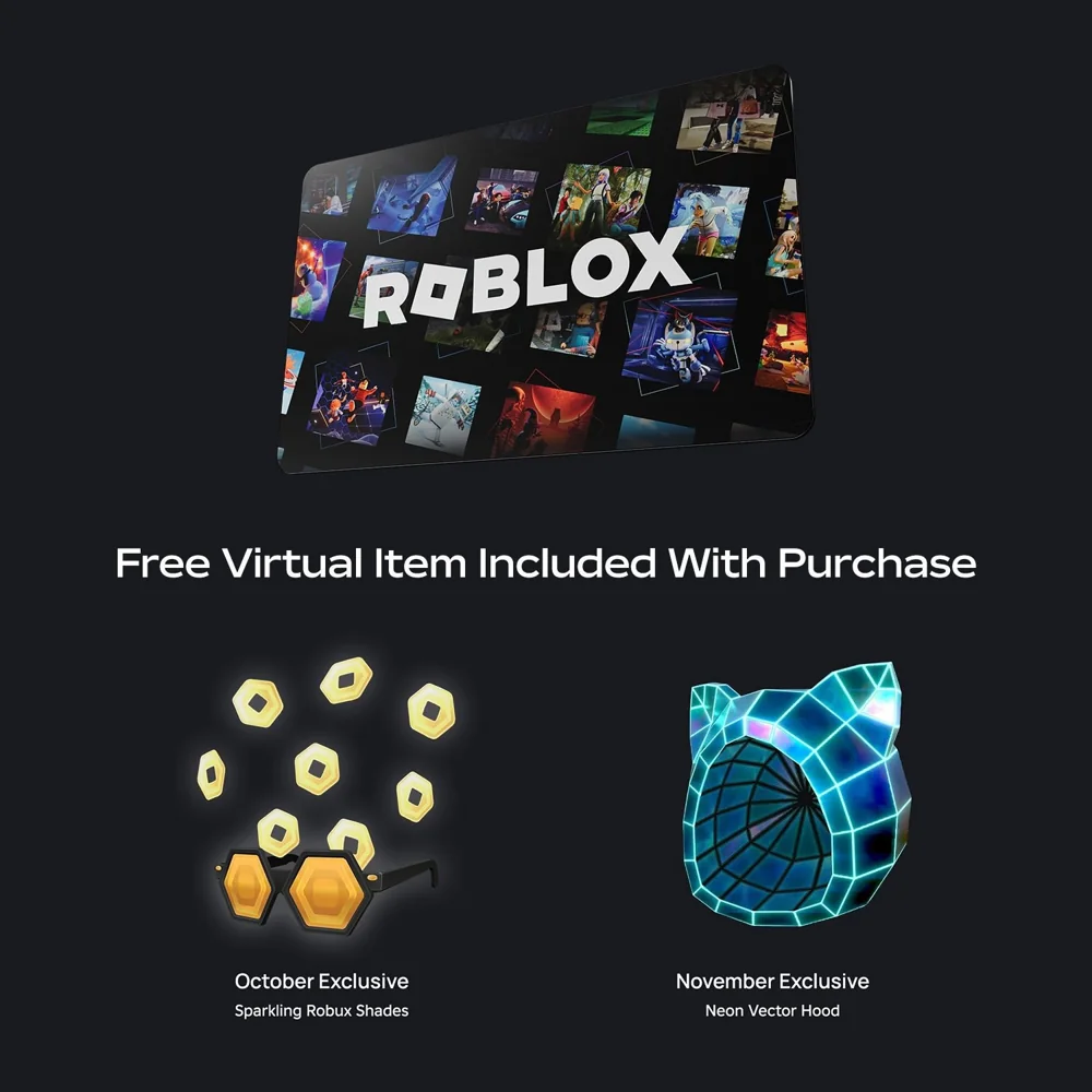 Reference artwork showing a Roblox card and October and November virtual-item promotions with no verified current year